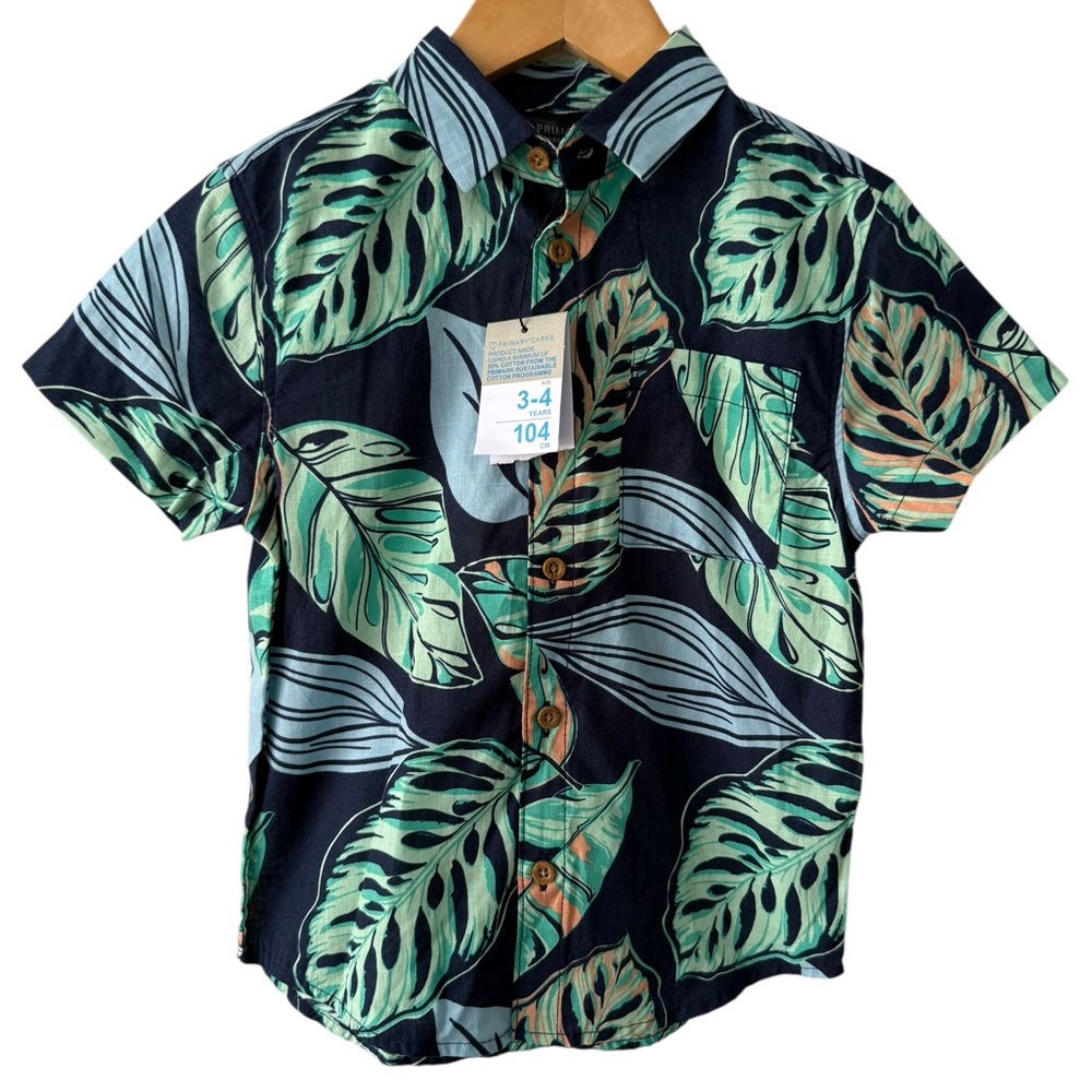 Primark Navy Short Sleeve Button Down Shirt with Green Leaf Print 3/4 years